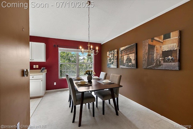 6873 Fox Ln, Waterford, MI 48327 - dining area featuring light carpet, a chandelier, and lofted ceiling