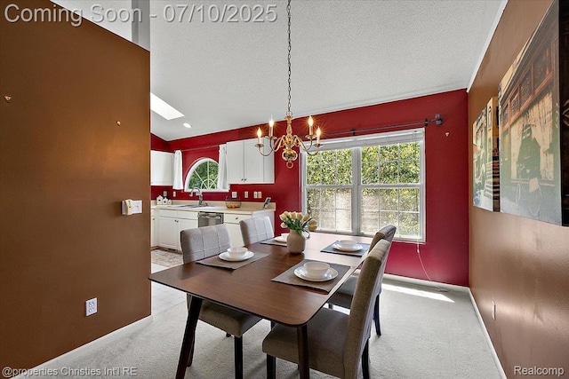 6873 Fox Ln, Waterford, MI 48327 - dining room featuring light colored carpet, a chandelier, plenty of natural light, and a textured ceiling