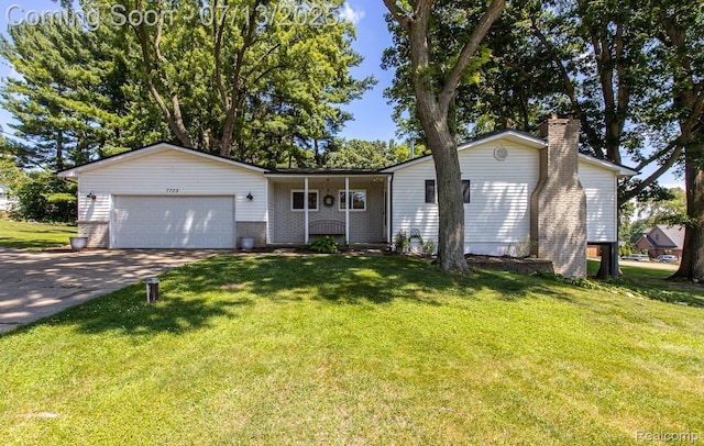 7709 Shelley Dr, Clarkston, MI 48348 - single story home featuring an attached garage, concrete driveway, a chimney, and a front lawn