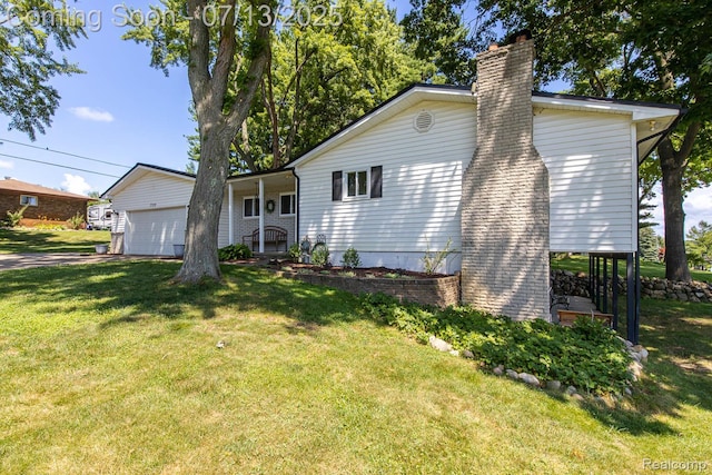 7709 Shelley Dr, Clarkston, MI 48348 - view of property exterior featuring a lawn, a chimney, and a detached garage