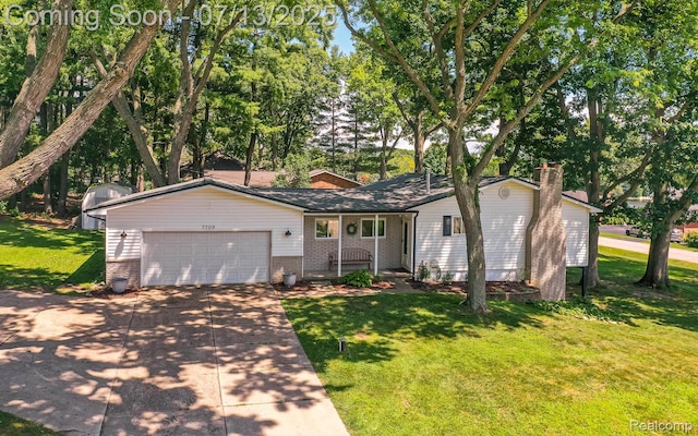 7709 Shelley Dr, Clarkston, MI 48348 - single story home featuring brick siding, concrete driveway, an attached garage, a porch, and a front lawn