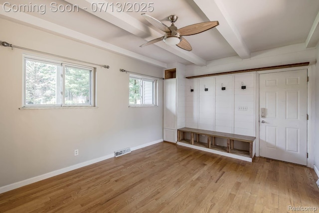 7709 Shelley Dr, Clarkston, MI 48348 - mudroom featuring beam ceiling, light wood finished floors, and a ceiling fan