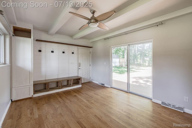 7709 Shelley Dr, Clarkston, MI 48348 - mudroom with beamed ceiling, a ceiling fan, and light wood-style floors