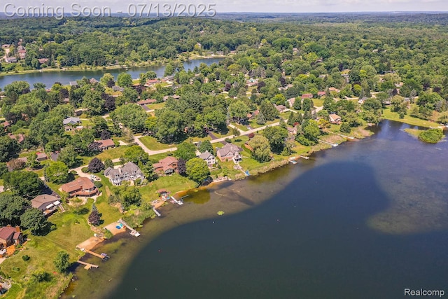 7709 Shelley Dr, Clarkston, MI 48348 - aerial overview of property's location featuring a large body of water and a heavily wooded area
