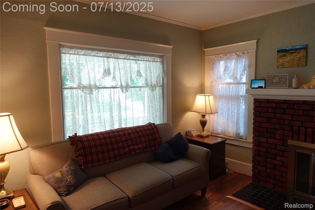 341 W Oakridge St W, Ferndale, MI 48220 - living room featuring wood finished floors, crown molding, and a brick fireplace