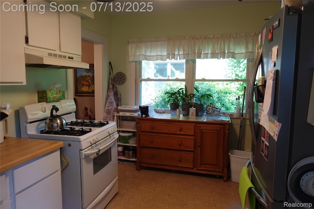341 W Oakridge St W, Ferndale, MI 48220 - kitchen featuring refrigerator with ice dispenser, white range with gas stovetop, under cabinet range hood, white cabinets, and light countertops