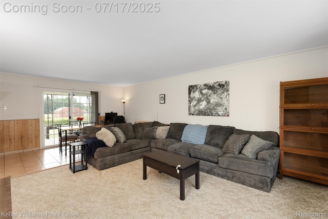 1046 Stonehenge Rd, Flint, MI 48532 - living room featuring a wainscoted wall, wood walls, and tile patterned floors