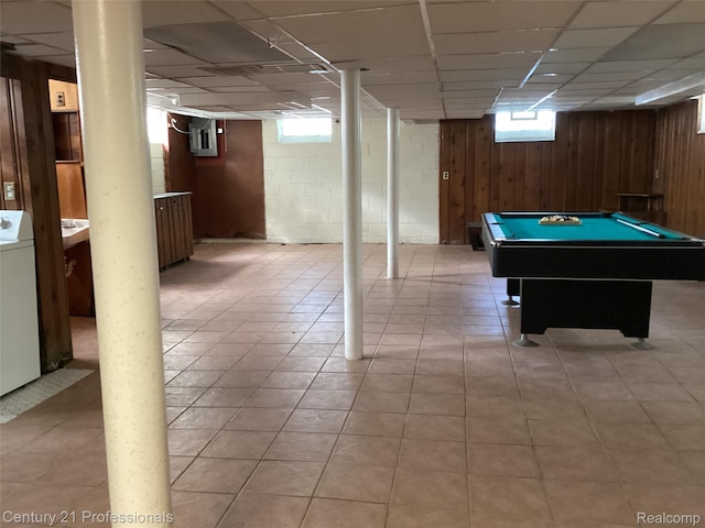 15451 Prest St, Detroit, MI 48227 - recreation room with wooden walls, a drop ceiling, washer / clothes dryer, healthy amount of natural light, and electric panel