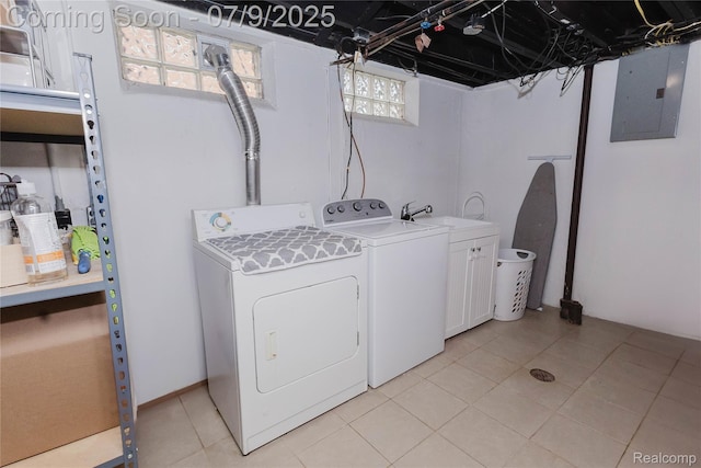 437 Normandy Rd, Royal Oak, MI 48073 - laundry room featuring electric panel, washer and dryer, cabinet space, and light tile patterned floors