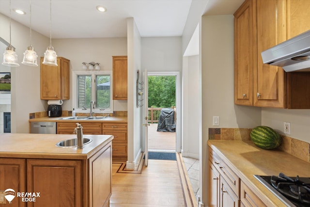 7266 Dodge Rd, Montrose, MI 48457 - kitchen with stainless steel dishwasher, ventilation hood, light wood-type flooring, light countertops, and recessed lighting