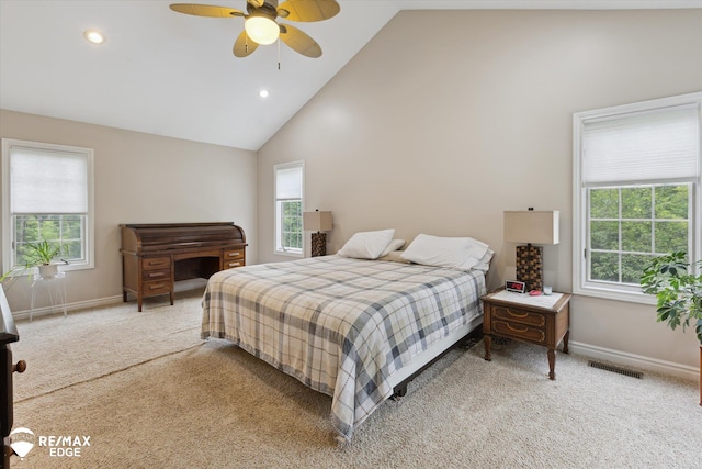 7266 Dodge Rd, Montrose, MI 48457 - bedroom featuring multiple windows, light carpet, recessed lighting, high vaulted ceiling, and ceiling fan