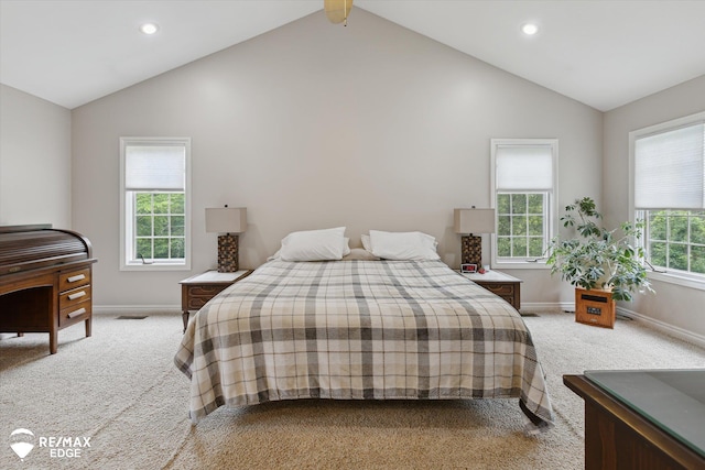 7266 Dodge Rd, Montrose, MI 48457 - bedroom featuring light colored carpet, recessed lighting, and high vaulted ceiling