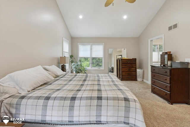 7266 Dodge Rd, Montrose, MI 48457 - bedroom featuring multiple windows, light carpet, high vaulted ceiling, recessed lighting, and ceiling fan