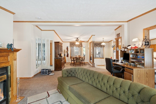 10224 Rexford Rd, Grass Lake, MI 49240 - living area featuring a lit fireplace, light carpet, ornamental molding, and ceiling fan