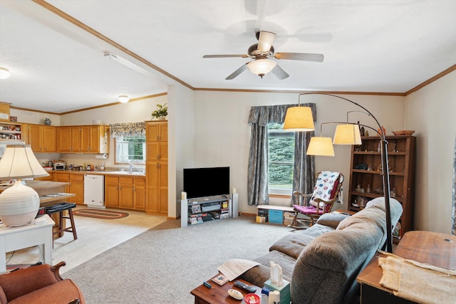 10224 Rexford Rd, Grass Lake, MI 49240 - living area featuring crown molding, a ceiling fan, and light colored carpet
