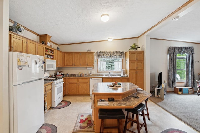 10224 Rexford Rd, Grass Lake, MI 49240 - kitchen with white appliances, ornamental molding, a textured ceiling, a kitchen bar, and open shelves
