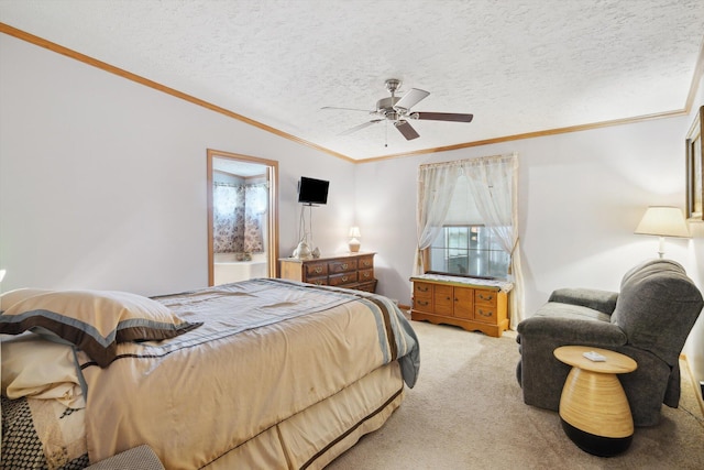 10224 Rexford Rd, Grass Lake, MI 49240 - bedroom with light carpet, ornamental molding, a ceiling fan, and a textured ceiling