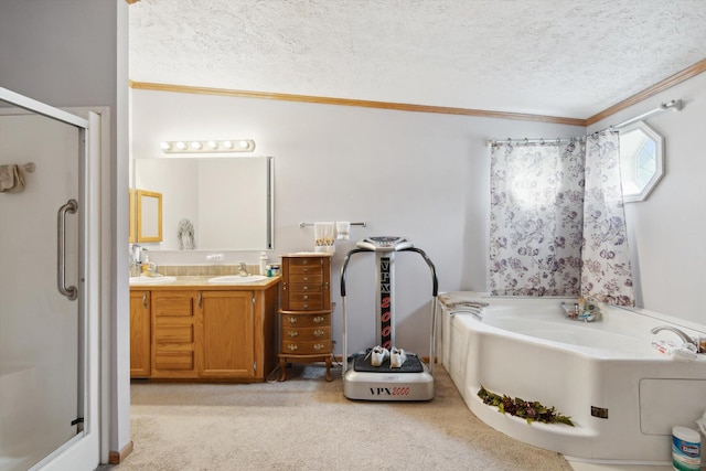 10224 Rexford Rd, Grass Lake, MI 49240 - full bathroom with ornamental molding, a stall shower, double vanity, a garden tub, and a textured ceiling