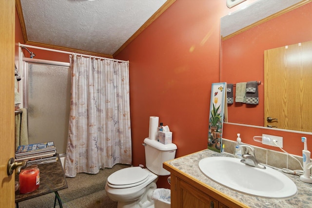 10224 Rexford Rd, Grass Lake, MI 49240 - bathroom with curtained shower, vanity, a textured ceiling, and vaulted ceiling