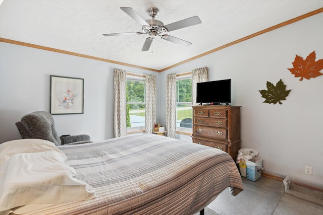 10224 Rexford Rd, Grass Lake, MI 49240 - carpeted bedroom with vaulted ceiling, ornamental molding, and a ceiling fan