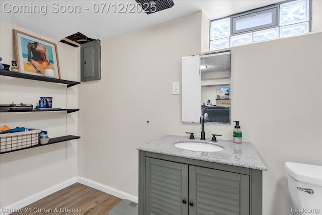 23139 Deziel St, Saint Clair Shores, MI 48082 - half bath with electric panel, vanity, and wood finished floors