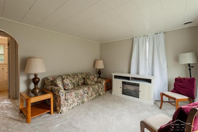 1312 Bayliss St, Midland, MI 48640 - carpeted living area with arched walkways and a fireplace