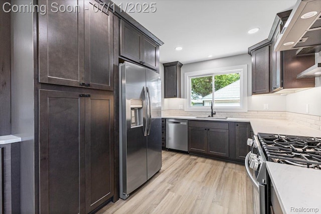 22700 Garfield St, Saint Clair Shores, MI 48082 - kitchen with appliances with stainless steel finishes, light wood-style floors, dark brown cabinets, light countertops, and recessed lighting