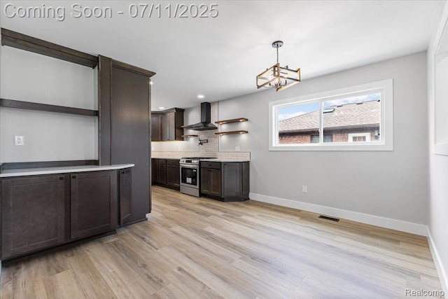 22700 Garfield St, Saint Clair Shores, MI 48082 - kitchen with open shelves, stainless steel range with gas cooktop, wall chimney range hood, dark brown cabinetry, and light countertops