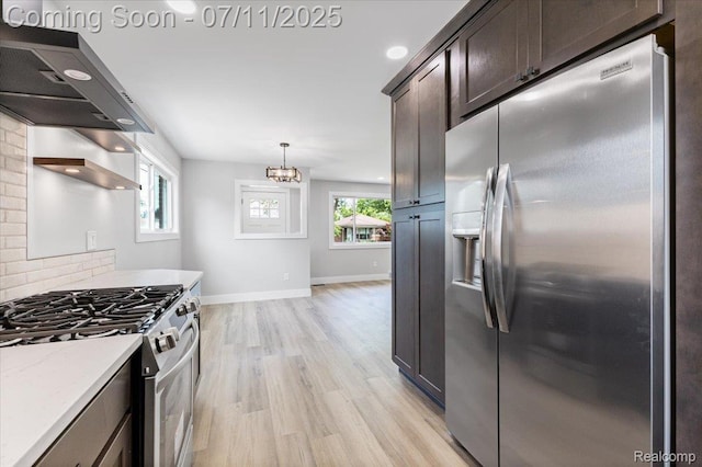 22700 Garfield St, Saint Clair Shores, MI 48082 - kitchen featuring appliances with stainless steel finishes, ventilation hood, dark brown cabinets, light wood-style flooring, and open shelves