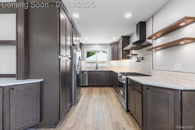 22700 Garfield St, Saint Clair Shores, MI 48082 - kitchen with wall chimney exhaust hood, stainless steel appliances, open shelves, light wood-type flooring, and decorative backsplash