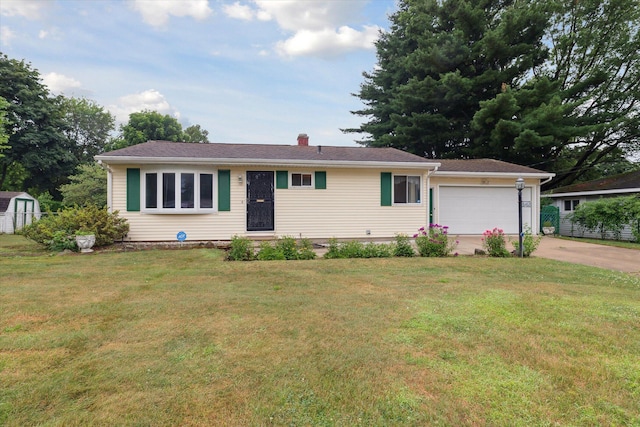 5452 Lucerne Ave, Kalamazoo, MI 49048 - ranch-style home featuring concrete driveway, a garage, a front yard, and a chimney