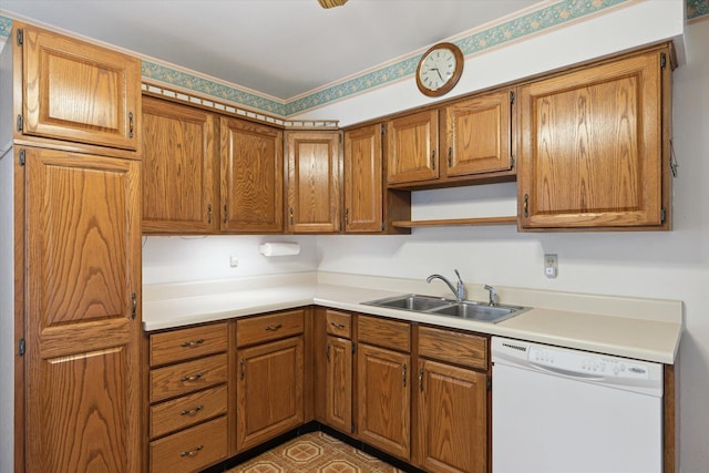 5452 Lucerne Ave, Kalamazoo, MI 49048 - kitchen featuring white dishwasher, brown cabinetry, light countertops, and open shelves
