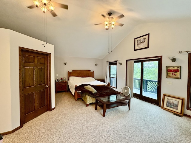 12141 Lawrence Rd, Brooklyn, MI 49230 - bedroom with light colored carpet, access to exterior, high vaulted ceiling, and ceiling fan