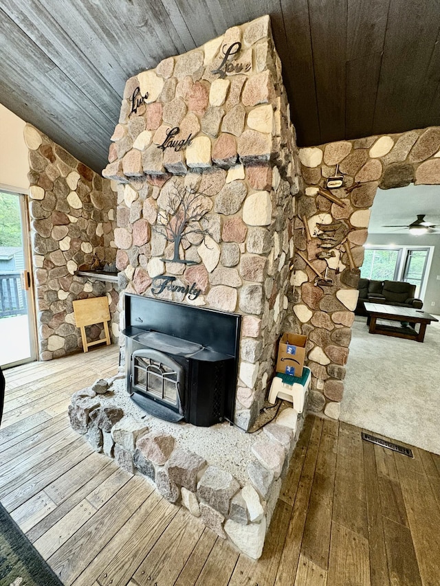 12141 Lawrence Rd, Brooklyn, MI 49230 - detailed view of a wood stove, wood finished floors, wooden ceiling, and ceiling fan