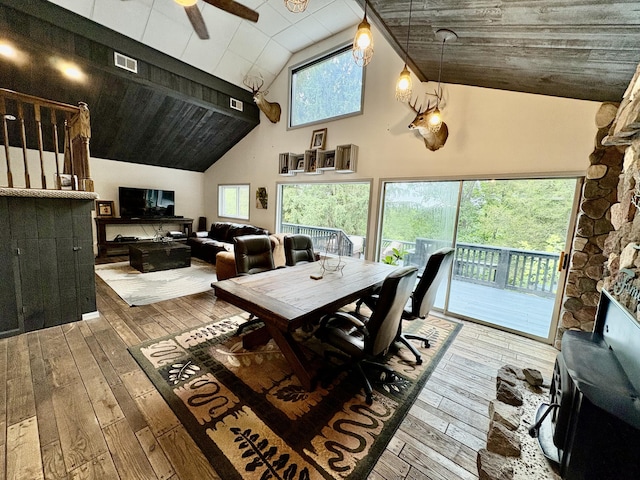 12141 Lawrence Rd, Brooklyn, MI 49230 - dining area with hardwood / wood-style floors, a ceiling fan, high vaulted ceiling, and wooden ceiling