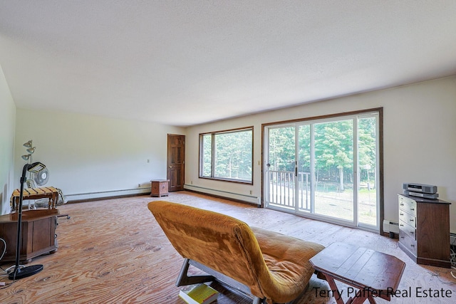 2860 Fenner Rd, Muskegon, MI 49445 - living room featuring a baseboard radiator, light wood-style floors, and a baseboard heating unit