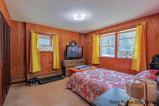 2860 Fenner Rd, Muskegon, MI 49445 - bedroom with a textured ceiling, multiple windows, wooden walls, carpet, and a baseboard heating unit
