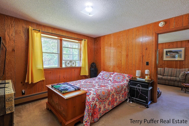 2860 Fenner Rd, Muskegon, MI 49445 - carpeted bedroom featuring a baseboard heating unit, a textured ceiling, and wooden walls