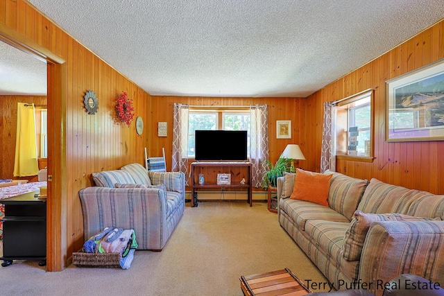 2860 Fenner Rd, Muskegon, MI 49445 - carpeted living area with a textured ceiling, wooden walls, and a baseboard heating unit