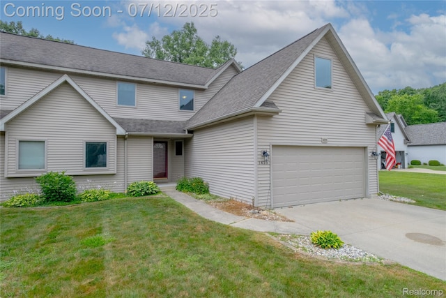 1435 Sunset Blvd, Flint, MI 48507 - traditional-style house featuring driveway, a front lawn, an attached garage, and roof with shingles