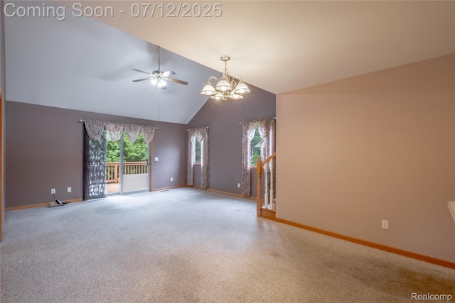 1435 Sunset Blvd, Flint, MI 48507 - unfurnished room with a chandelier, carpet floors, a ceiling fan, and high vaulted ceiling