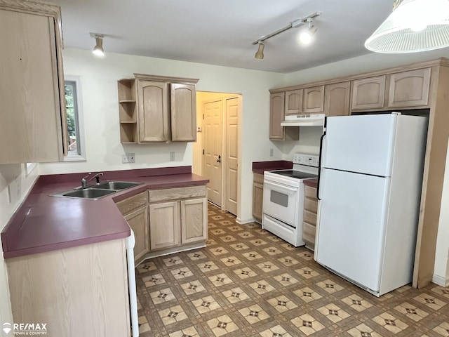 1421 Newcastle Dr, Davison, MI 48423 - kitchen with white appliances, under cabinet range hood, open shelves, light flooring, and track lighting