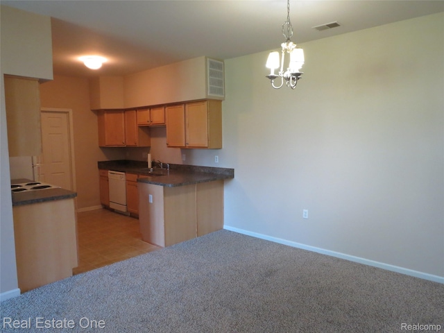 3153 Kneeland Cir, Howell, MI 48843 - kitchen featuring white dishwasher, dark countertops, a chandelier, and light carpet