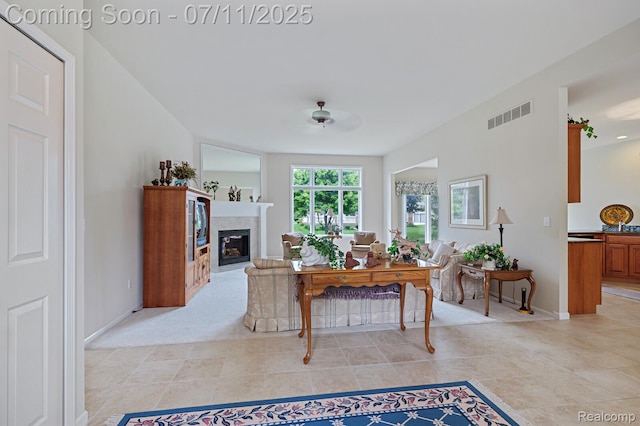 13823 Blue Beech Ln, Shelby Twp, MI 48315 - living area with a glass covered fireplace and ceiling fan