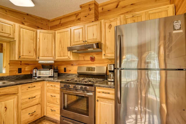 13113 Pinewood St NE, Gowen, MI 49326 - kitchen with appliances with stainless steel finishes, under cabinet range hood, light brown cabinets, dark countertops, and a textured ceiling