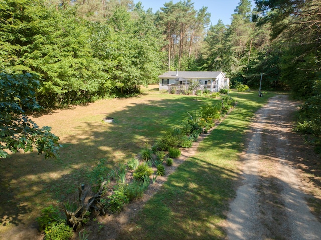 13113 Pinewood St NE, Gowen, MI 49326 - view of front of home with a view of trees, a front yard, and dirt driveway