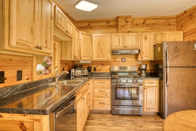 13113 Pinewood St NE, Gowen, MI 49326 - kitchen featuring stainless steel appliances, light brown cabinetry, under cabinet range hood, dark countertops, and wooden walls