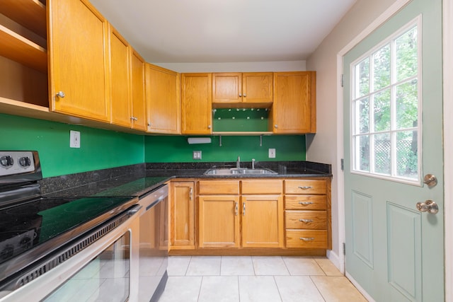 8876 Sheldon Rd, Plymouth, MI 48170 - kitchen with open shelves, appliances with stainless steel finishes, dark stone counters, and light tile patterned floors