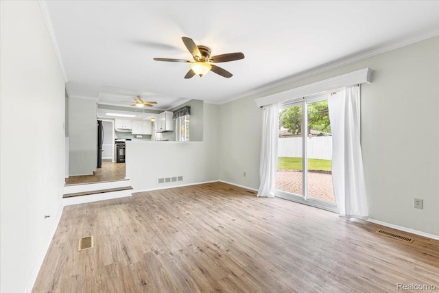 12360 Moers Dr, Sterling Heights, MI 48313 - unfurnished living room featuring crown molding, a ceiling fan, and light wood finished floors