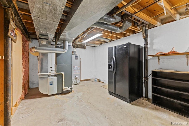 12360 Moers Dr, Sterling Heights, MI 48313 - unfinished below grade area featuring black fridge with ice dispenser, gas water heater, and heating unit